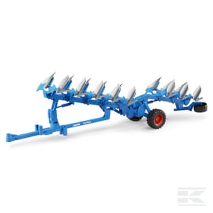 The Bruder Lemken Plough Vari Titan - U02250 is a blue agricultural vehicle toy, featuring several metallic blades and red wheels. This 1:16 scale model is perfect for tilling soil and intricately captures the essence of a real plow.