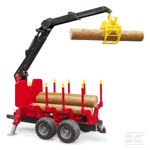 The Bruder Logging Trailer (model U02252) features a crane lifting a log and comes with four logs loaded on the plastic trailer. This 1:16 scale toy truck boasts a striking red and black color scheme with yellow accents, making it perfect for forestry applications.