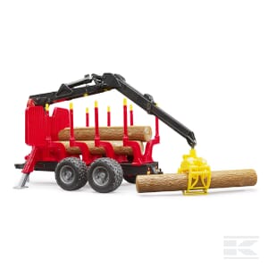 Introducing the Bruder Logging Trailer, Model U02252, a 1:16 scale toy logging truck with a red and black frame. It features a yellow mechanical arm lifting one of the included four logs, and comes with a plastic trailer perfect for forestry applications.