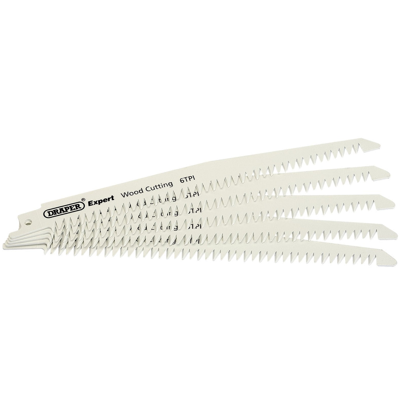 A pack of five Draper Expert 300mm bi-metal reciprocating saw blades for wood cutting, each featuring 6 teeth per inch and arranged in a display-packed, fanned-out manner.