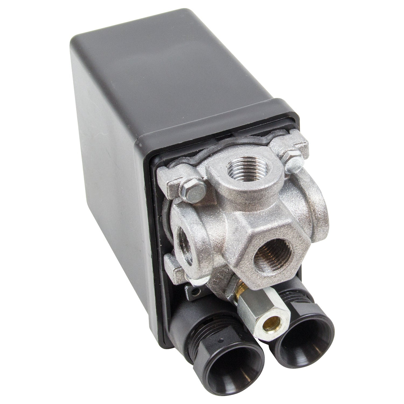 A close-up view of the SIP - 1/4" Lower 4-Way Pressure Switch - SIP-02313, a mechanical device with a black rectangular casing and a central metal component featuring multiple threaded ports, including an adjustable cut-off pressure switch. Two black connectors are attached at the bottom.