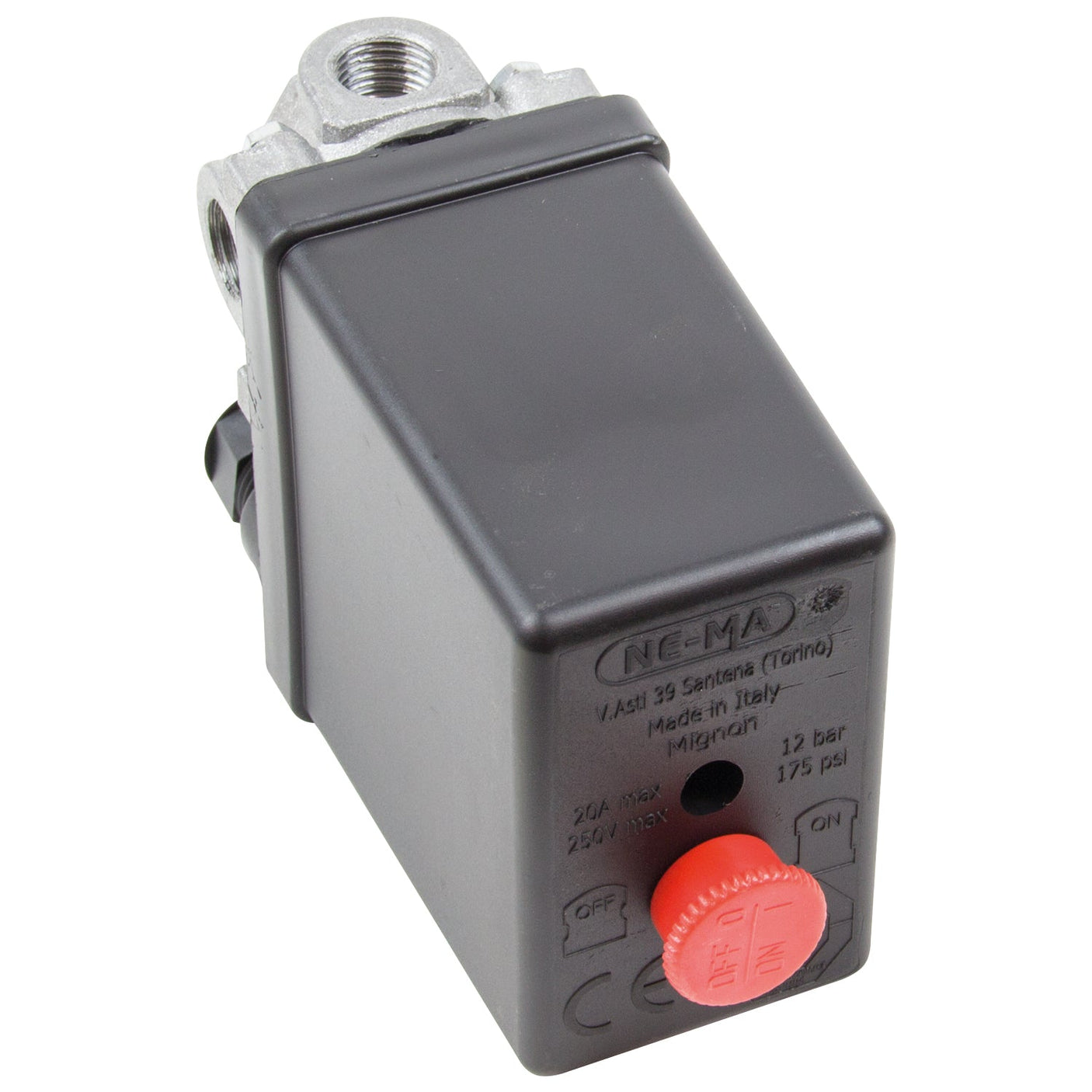 The SIP - 1/4" Lower 4-Way Pressure Switch - SIP-02313 by SIP is a black and silver NEMA mechanical pressure switch featuring a red "OFF" knob and adjustable cut-off pressure. It can handle up to 250V AC, 20A, with a maximum of 12 bar or 175 psi. This switch is ideal for start/stop electric compressor motors with a 1/4" lower pressure switch and is made in Italy.