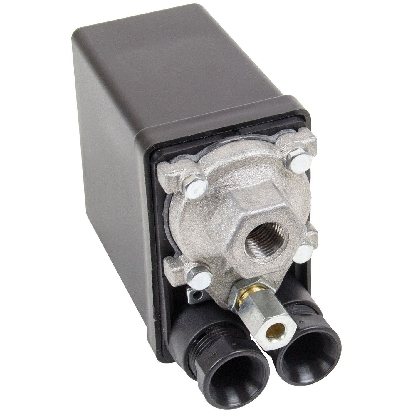 The SIP - 1/4" Lower 1-Way Pressure Switch - SIP-02314 by SIP features a black plastic cover and a metallic component with a central threaded hole and multiple connections at the bottom, designed for electric compressor motors with adjustable cut-off pressure.