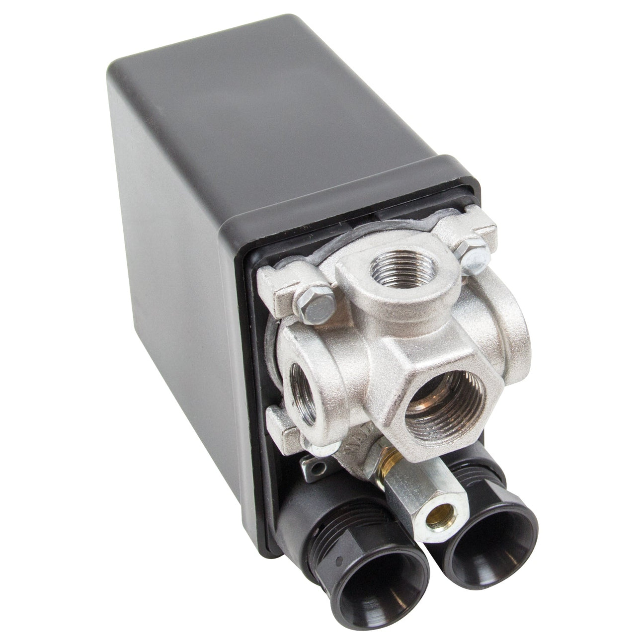 Introducing the SIP - 3/8" Lower 4-Way Pressure Switch (SIP-02316) by SIP: an industrial metal valve with multiple ports mounted on a black rectangular base, featuring an adjustable cut-off pressure for enhanced control.