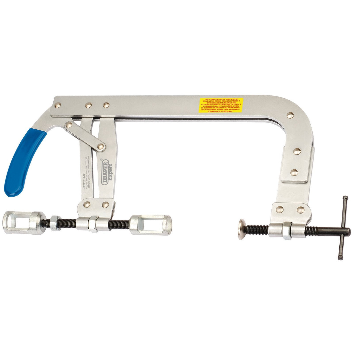 The Draper Valve Heavy Duty Spring Compressor, featuring a 35 - 142mm capacity and product code VSC6, is a large metallic C-clamp equipped with a blue locking handle and tightening screw mechanism. It also has a yellow warning label, making it ideal for maintenance work on valve springs.