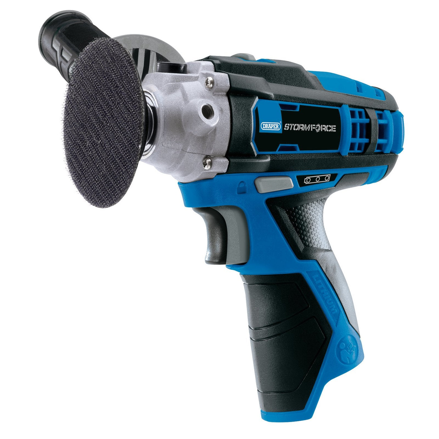 A blue and black Draper Storm Force® 10.8V Power Interchange Car Polisher (Sold Bare) with an abrasive disc attachment, part of the versatile series.
