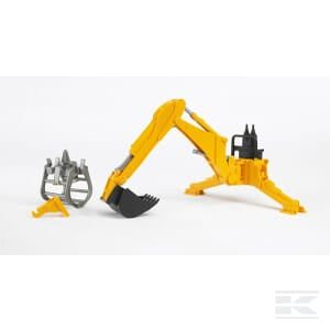 A yellow 1:16 scale plastic Rear Digger with Grabber - U02338 by Bruder, featuring detachable parts including a bucket, grapple, and digging arm, perfect for kids aged 3 and up, set against a white background.