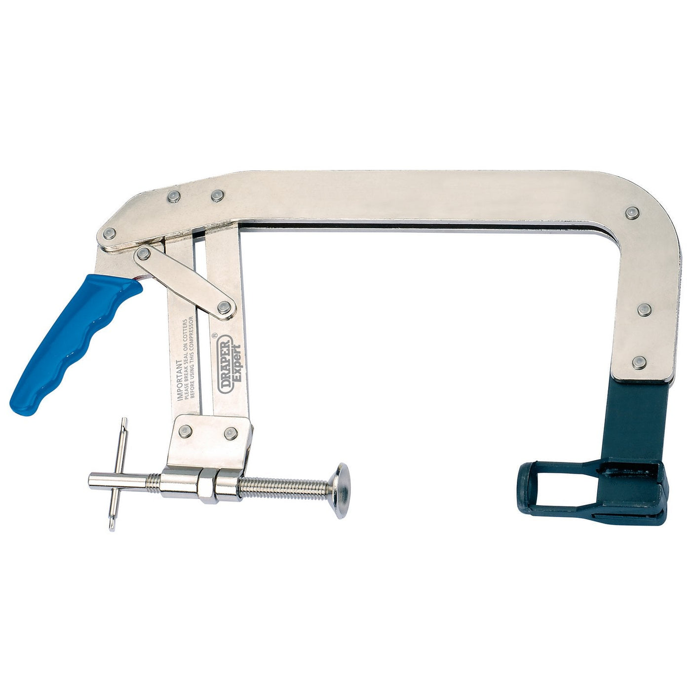 The Draper Expert Valve Spring Compressor, 80 – 145mm Capacity - VSC9, is a metallic tool featuring a blue locking handle, designed for holding objects together under pressure.