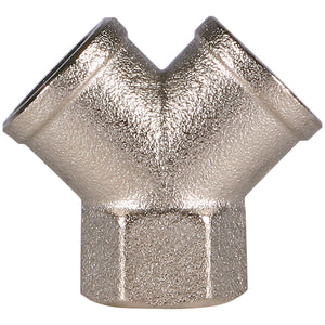 The SIP - 1/4" Y-Piece Female Coupler (SIP-02341) by SIP is crafted from hardened steel, boasting a textured surface and threaded ends for secure connections with SIP air hoses.