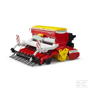 A meticulously detailed 1:16 scale red agricultural machine from Bruder branded with "PÖTTINGER," featuring attached rakes and a Pöttinger seed drill, named the Pöttinger Vitasem 302ADD - U02347, designed as a plastic toy.