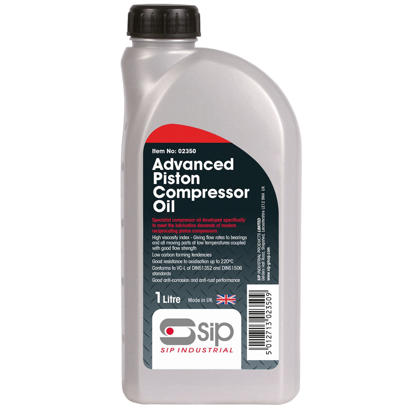 The SIP - 1ltr Advanced Compressor Oil - SIP-02350 by SIP is a specially formulated 1-liter bottle of advanced compressor oil designed for reciprocating piston compressors. It offers high oxidation stability, wear protection, anti-corrosion resistance, and low-temperature performance. The gray bottle features a black cap.