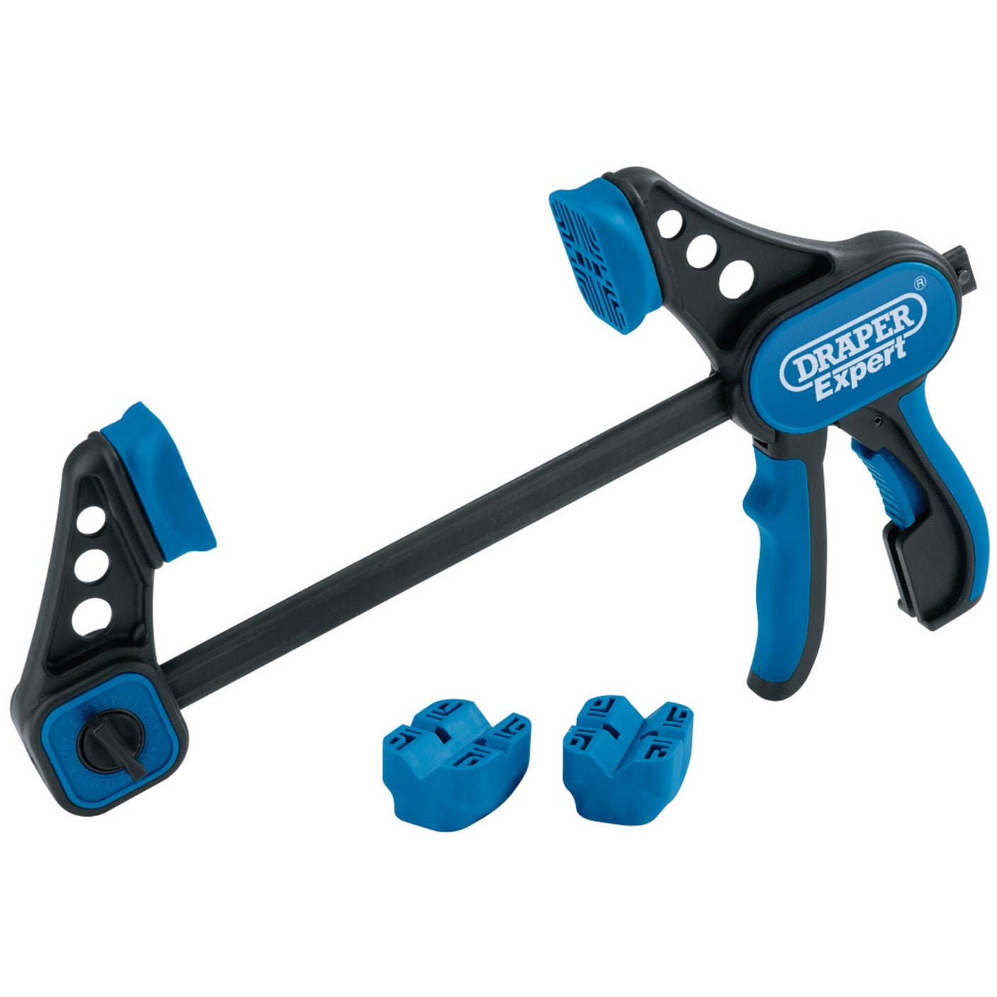 The Draper Expert Heavy Duty Soft Grip Dual Action Clamp, 150mm - RBC, is a versatile single-handed clamp that features an ergonomic handle, a quick-release button for easy adjustments, and two additional clamp pads. This blue and black clamp proudly displays the "Draper" brand name.