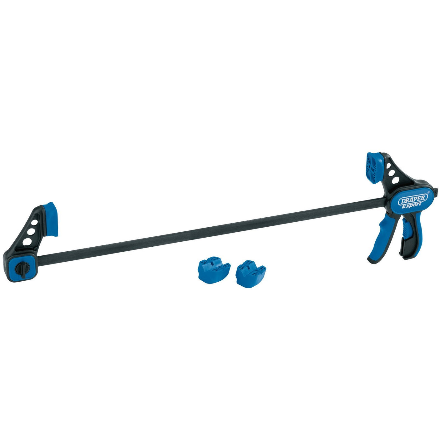 Image of the Draper Expert Heavy Duty Soft Grip Dual Action Clamps, 450mm - RBC, featuring blue and black soft grip handles, two additional clamp pads, and a long steel bar. The adjustable gripping ends and ratchet action trigger ensure secure material hold.