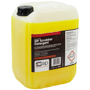 A 10-liter container of SIP - 10ltr Scrubber Detergent (SIP-02401), a low-foaming alkaline cleaner with a black cap, is labeled with detailed usage instructions and safety warnings, making it perfect for heavy-duty cleaning tasks.