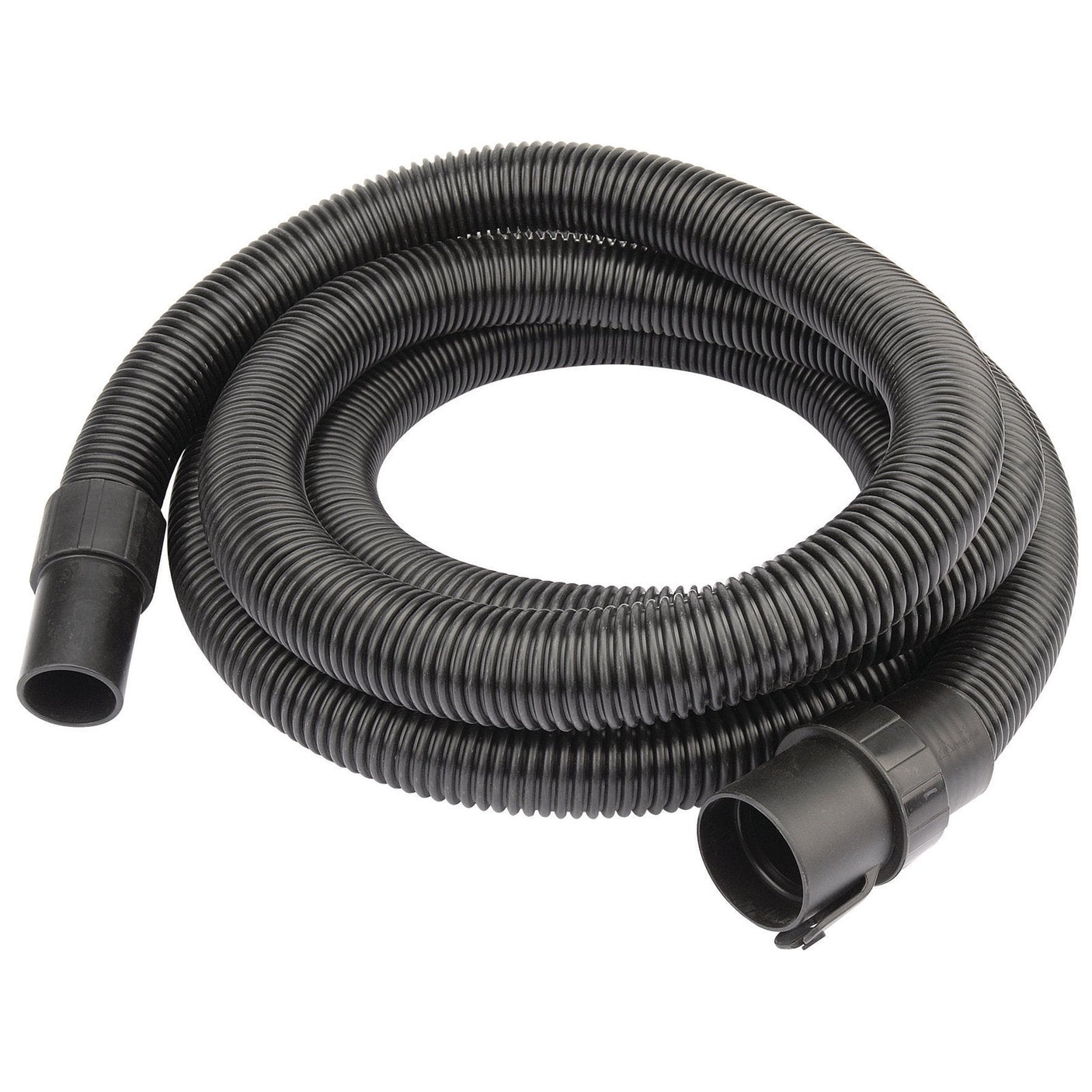 The Draper 4M Flexi-Hose For Wdv18 - AVC77 is a black corrugated hose that comes with fittings on both ends, making it ideal for vacuum or water systems.