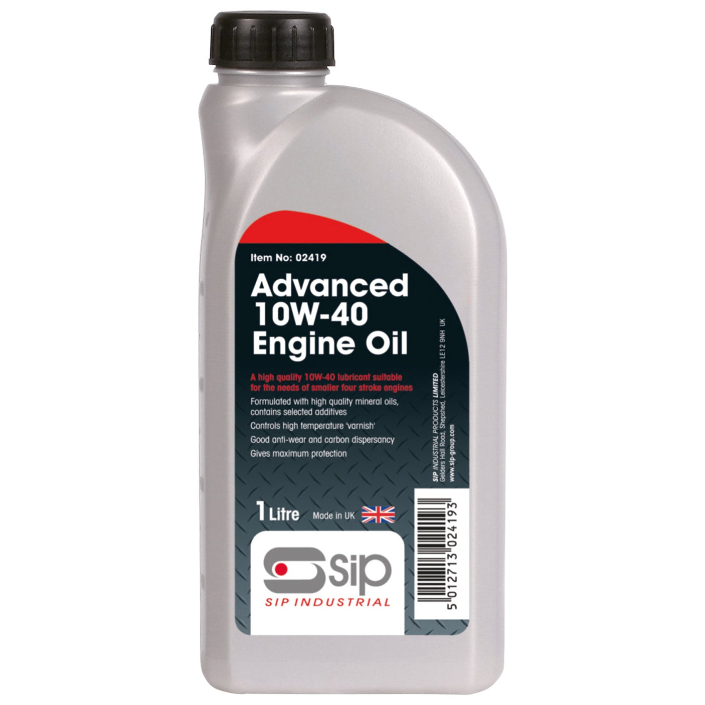 A 1-liter bottle of SIP Advanced Engine Oil (SIP-02419) by SIP, featuring a black cap. The label emphasizes its mineral oil content, high-temperature viscosity, and suitability for high-mileage four-stroke engines. Made in the UK.