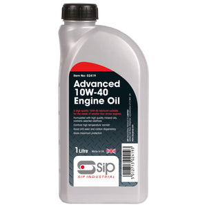 A 1-liter bottle of SIP Advanced Engine Oil (SIP-02419) by SIP, featuring a black cap. The label emphasizes its mineral oil content, high-temperature viscosity, and suitability for high-mileage four-stroke engines. Made in the UK.