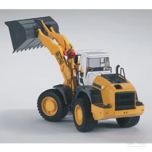 The Liebherr Wheeled Loader - U02430 by Bruder is a yellow and black loader with a raised front bucket, commonly used in construction and landscaping.