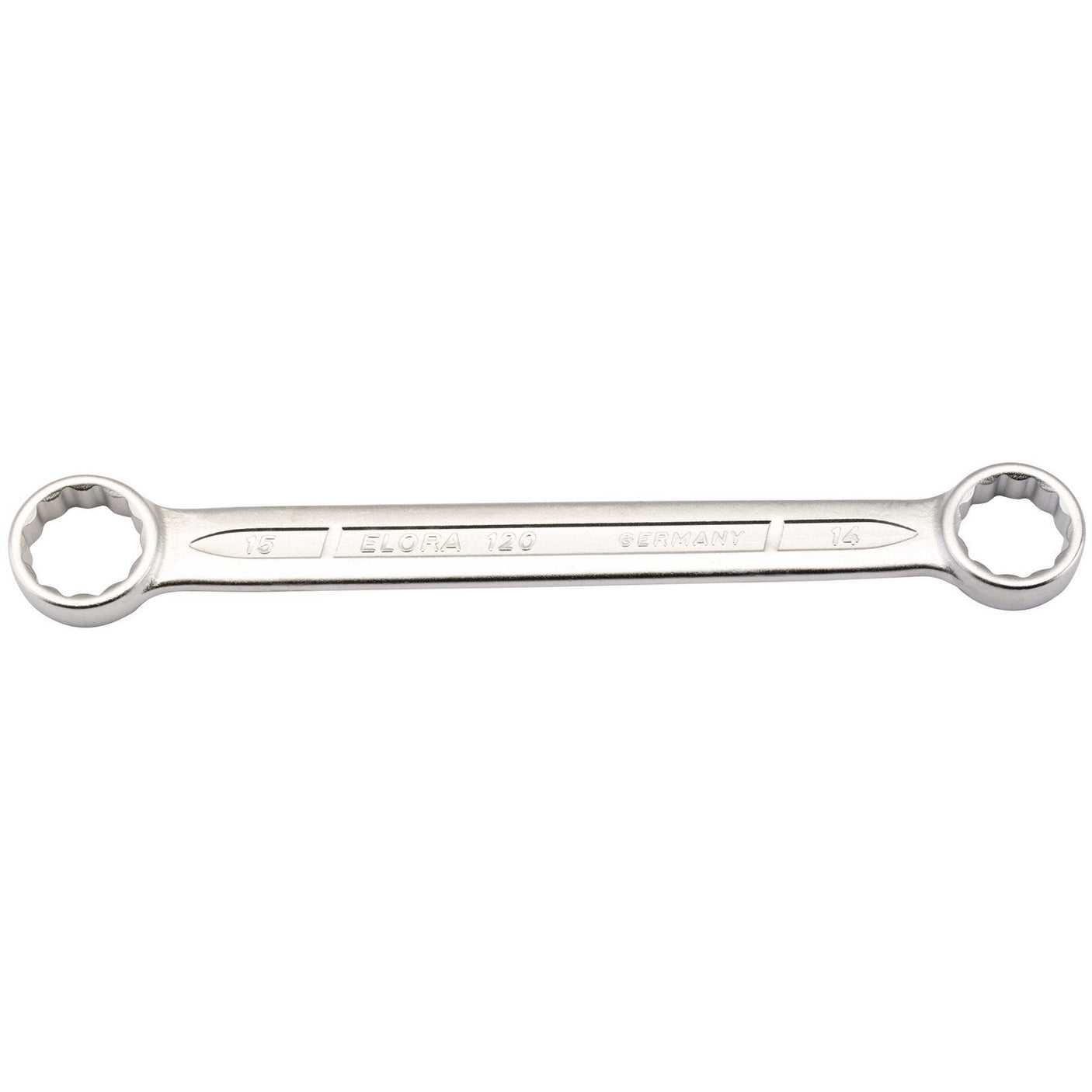 The Draper Elora Flat Metric Ring Spanner, size 14 X 15mm (120-14x15), is a double box-end wrench crafted from chrome vanadium steel. Featuring ring heads on both ends with inscriptions indicating sizes 14 and 15, this spanner is manufactured in Germany and adheres to DIN 837/ISO 3318 standards for durability, providing exceptional corrosion protection.