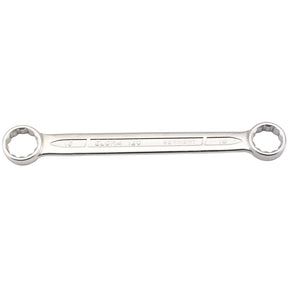 The Draper Elora Flat Metric Ring Spanner, size 14 X 15mm (120-14x15), is a double box-end wrench crafted from chrome vanadium steel. Featuring ring heads on both ends with inscriptions indicating sizes 14 and 15, this spanner is manufactured in Germany and adheres to DIN 837/ISO 3318 standards for durability, providing exceptional corrosion protection.