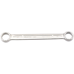 The Draper Elora Flat Metric Ring Spanner, size 14 X 15mm (120-14x15), is a double box-end wrench crafted from chrome vanadium steel. Featuring ring heads on both ends with inscriptions indicating sizes 14 and 15, this spanner is manufactured in Germany and adheres to DIN 837/ISO 3318 standards for durability, providing exceptional corrosion protection.