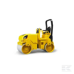 The Bruder CAT Road-roller - U02433 is a yellow 1:16 scale toy steamroller with black and silver details, featuring a driver's seat and a protective roll-over bar, perfect for little construction vehicle enthusiasts.