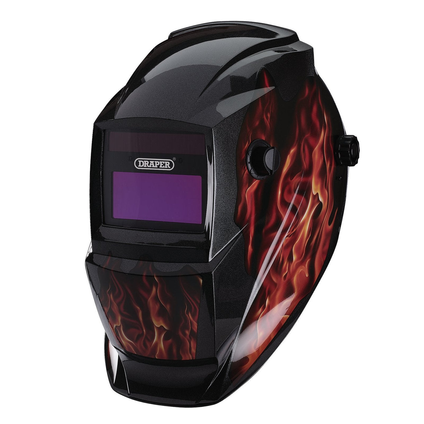 A Draper Auto-Darkening Welding Helmet, featuring a retractable face shield, adjustable shade level, and striking red flame graphics on the sides.