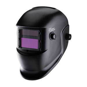 The Draper Storm Force Auto-Darkening Welding Helmet - WHVS-BK2SF, in black, features an adjustable tinted visor and side control knobs, making it perfect for both MIG and TIG welding tasks.