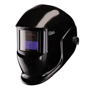 The Draper Storm Force® Fixed Shade Auto Darkening Welding Helmet - WHFS-BKSF from Draper is a black welding safety helmet featuring a clear rectangular viewing window, an adjustable side knob, and advanced darkening reaction for optimal UV and IR radiation protection.