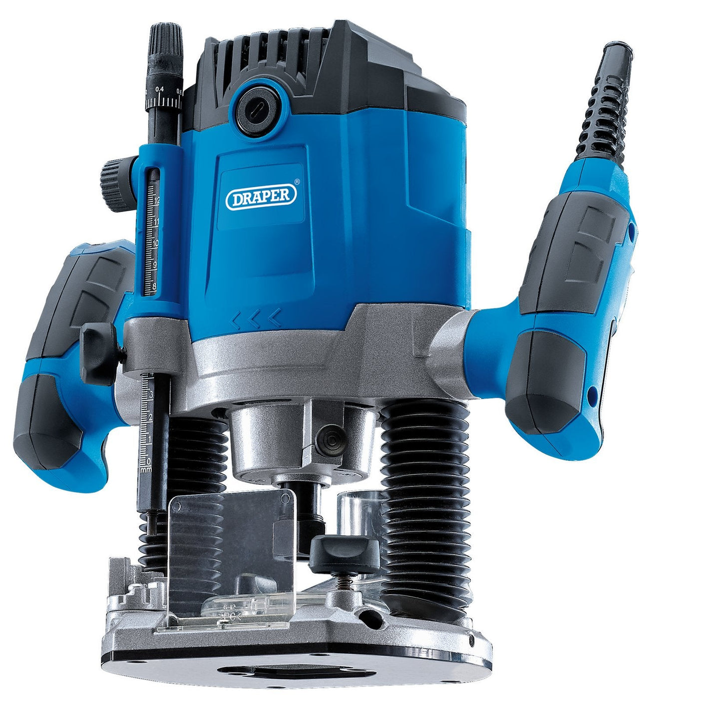 Introducing the Draper 230V Variable Speed Router, 1/2", 1800W - R12/1800D: a blue and silver electric wood router equipped with handles on both sides, variable speed control, an adjustable depth stop knob, and a clear base-plate for precision woodworking tasks.