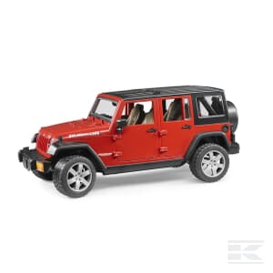 Toy model of a red and black 4-door Jeep Wrangler with visible interior seating, named Jeep - U02525 by the brand Bruder, displayed on a white background.