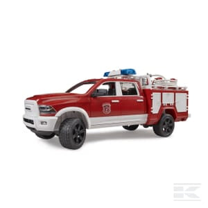 The Bruder RAM 2500 Fire Engine Truck with L+S Module (U02544) is a 1:16 scale model designed to resemble a red and white RAM pickup truck, complete with emergency equipment and a light bar on the roof.