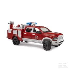 The RAM 2500 Fire Engine Truck with L+S Module - U02544 by Bruder is a red toy fire truck featuring white detailing, an extended cab, and firefighting equipment mounted on the back. This 1:16 scale vehicle also includes a blue and white lightbar on the roof.