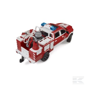 A 1:16 scale RAM 2500 Fire engine truck with a detailed back compartment and emergency lights on the roof, featuring the L+S Module by Bruder, model number U02544.