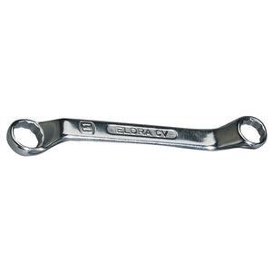 The Draper Elora Midget Deep Crank Metric Ring Spanner, sized at 4x4.5mm, features two different-sized hexagonal socket openings on each end. Crafted from durable chrome vanadium steel, it boasts a shiny metal finish and has the brand name "Draper" embossed on the handle. Its ring ends are set at a 45° angle for enhanced accessibility.