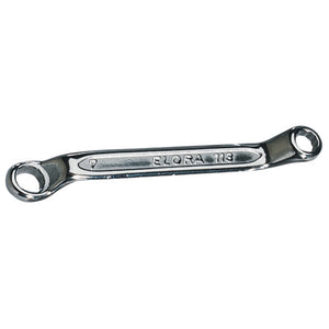 A double-ended box wrench with "Draper Elora Midget Deep Crank Metric Ring Spanner 113-6x7" engraved on the side, crafted from durable chrome vanadium steel for enhanced corrosion protection.