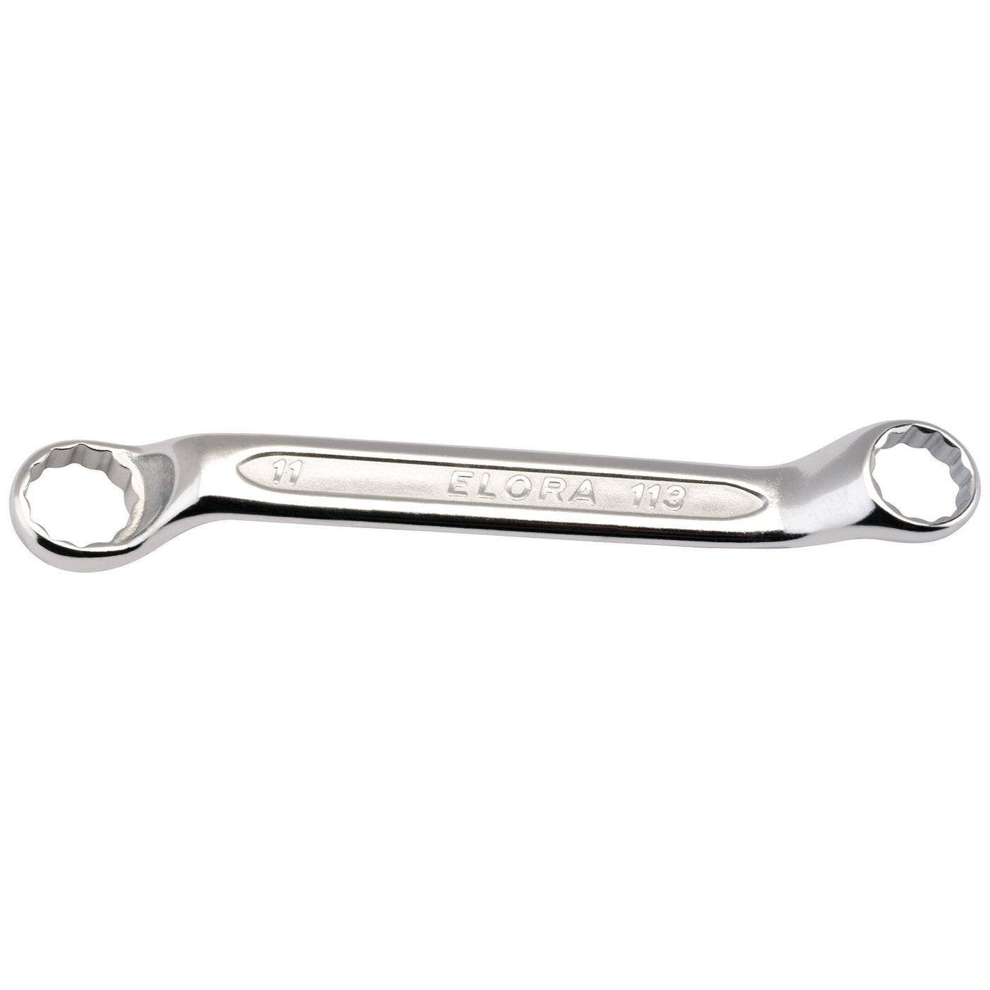 A double-ended, polished chrome ring spanner featuring "Draper Elora 113-10x11" and "11" marked in the center section, crafted from durable chrome vanadium steel for enhanced corrosion protection.