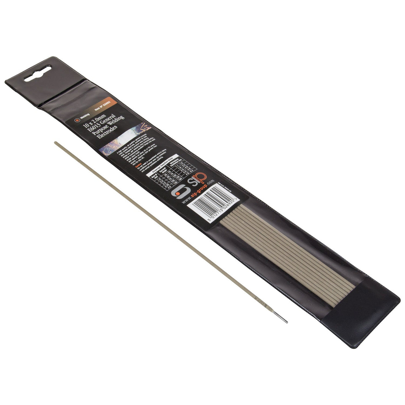 A pack of 10 SIP-02692 general purpose DIY ARC welding electrodes from SIP, presented in a black and orange sleeve, with one electrode taken out and placed horizontally.