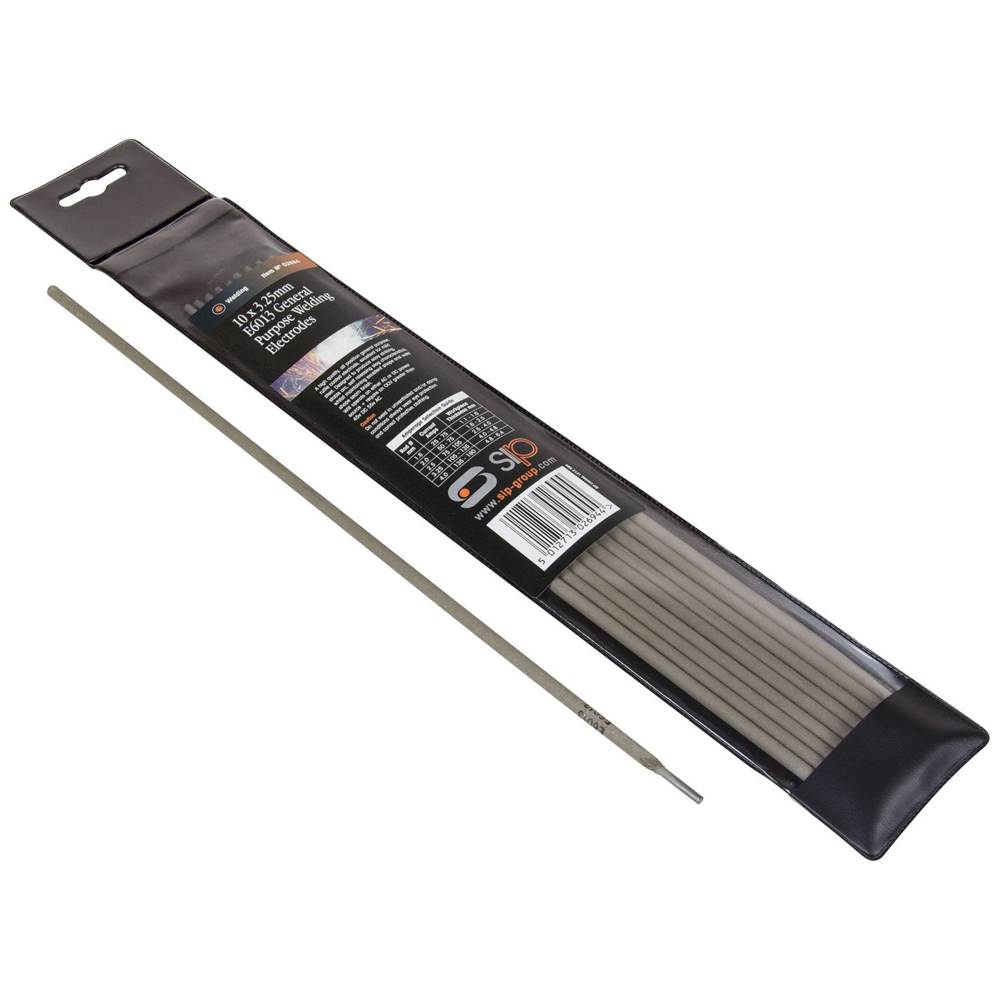 A pack of SIP - 10x 325mm DIY ARC Electrodes (SIP-02694), perfect for general purpose use, with one electrode displayed outside the black packaging. The packaging features descriptive text and branding in white and orange.