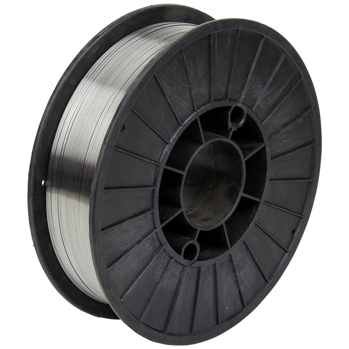 The SIP - 45kg x 08mm Flux-Cored Wire - SIP-02706, a black spool of silver flux-cored wire depicted against a white background, is ideal for MIG welding with SIP Welders.