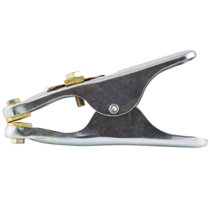 Featuring a robust design, the SIP 400A Steel Earth Clamp (Model IP-02743) by SIP incorporates a silver metal clamp with a spring mechanism and bolt adjustments on a white background, making it an ideal choice for welding applications.