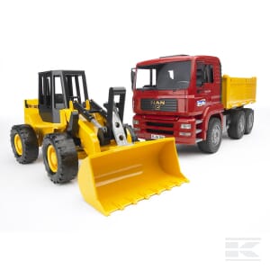 Image of the Bruder MAN tipping truck with wheeled loader (U02752) on a white background, featuring a yellow front loader next to a red lorry, perfect for agricultural settings or as a playable replica.