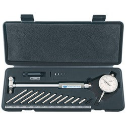 The Draper Expert Bore Gauge Set, BG50/160, features a 0.01mm accuracy and comes with various-sized measuring rods and a calibration ruler, all neatly arranged in a black carrying case.