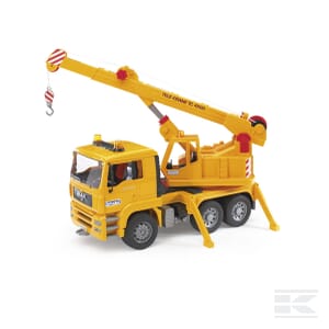 The Bruder Man Crane Truck - U02754, featuring a yellow plastic body, an extended boom, and a red-and-white striped hook, is perfect for budding building construction enthusiasts and supported by its sturdy outriggers.