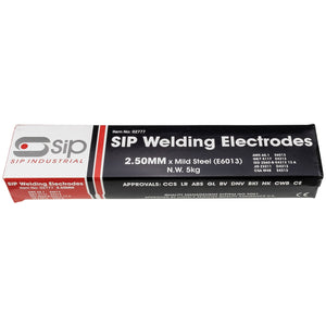 Box of SIP - 5kg x 25mm Mild Steel Electrodes (SIP-02777, E6013). Perfect for general-purpose welding, the box is black, red, and gray with the SIP logo and certification details.