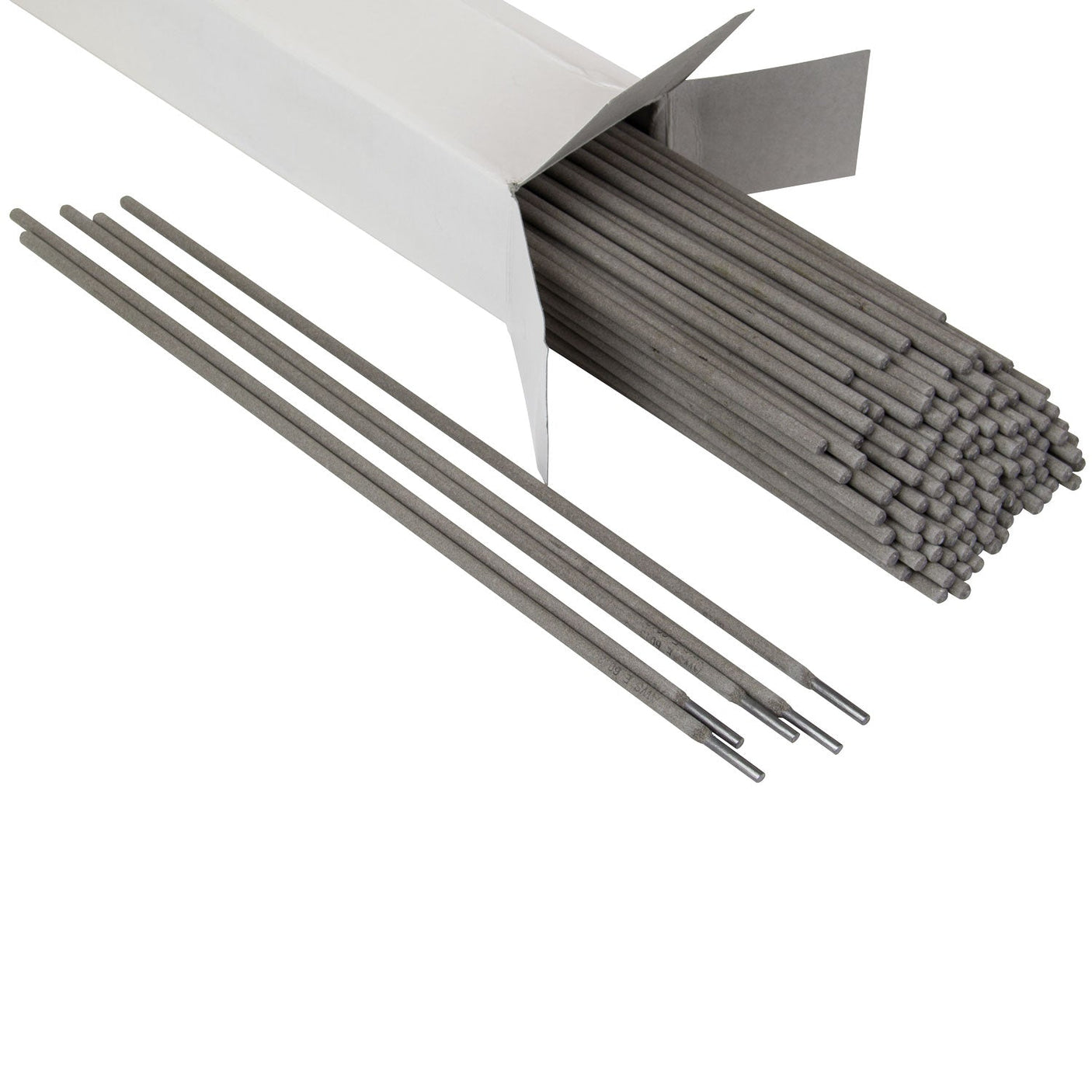 A box of SIP - 5kg x 40mm Mild Steel Electrodes (SIP-02779), with several rods placed parallel next to the open box. Each mild steel electrode from SIP features a gray coating and an exposed metal tip on one end, ideal for various welding applications.