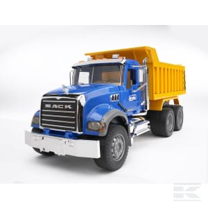 A 1:16 scale blue and yellow MACK Granite Tippingtruck by Bruder, model number U02815, pictured against a white background.