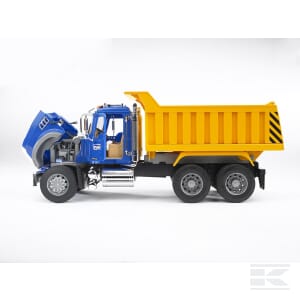 A side view of the Bruder MACK Granite Tippingtruck - U02815 in blue and yellow, with the hood open, revealing the engine. The 1:16 scale construction vehicle is positioned on a plain white background.