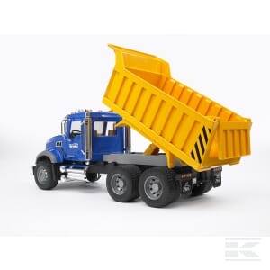 The Bruder MACK Granite Tipping Truck - U02815, a 1:16 scale construction vehicle, is shown with a blue body and yellow container, positioned to highlight its raised dump bed ready for unloading.