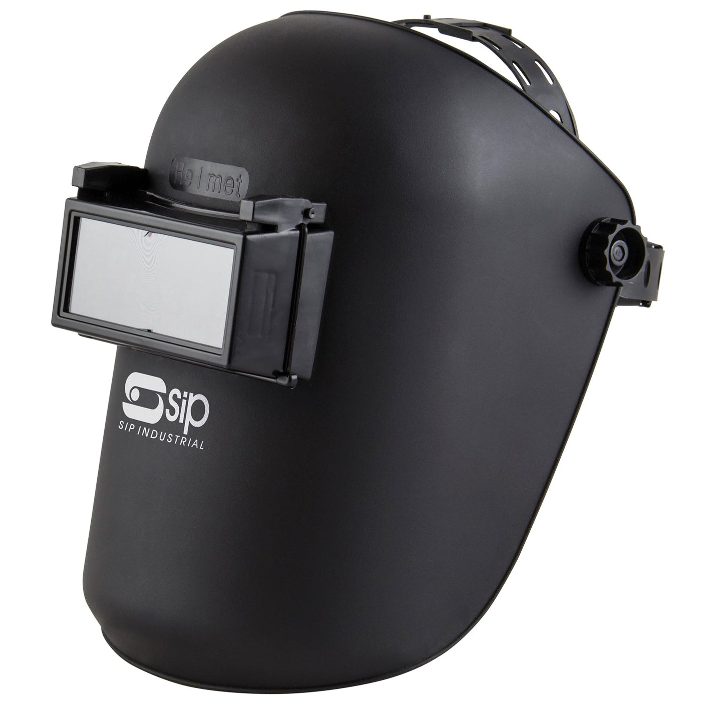 The SIP - Flip-Top Welding Headshield (Model SIP-02846) by SIP is a black welding headshield equipped with a padded, adjustable headband and a flip-up viewing window for hands-free welding.